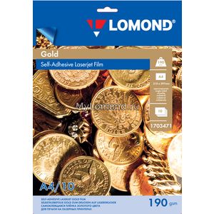 арт. 1703471 Пленка самоклеящаяся Lomond глянцевая золотая, А4, 10 листов для печати на цветных лазерных принтерах