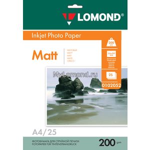 арт. 0102052 Фотобумага матовая Lomond двухсторонняя, 200 г/м2, А4, 25 листов для печати на струйных принтерах