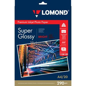 арт. 1108100 Фотобумага суперглянцевая Lomond Super Glossy Bright односторонняя, 290 г/м2, А4, 20 листов для печати на струйных принтерах
