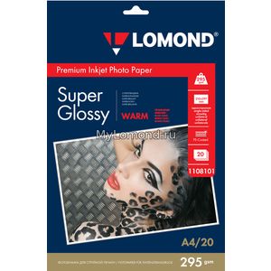 арт. 1108101 Фотобумага суперглянцевая Lomond Super Glossy Warm односторонняя, 295 г/м2, А4, 20 листов для печати на струйных принтерах