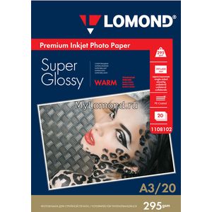 арт. 1108102 Фотобумага суперглянцевая Lomond Super Glossy Warm односторонняя, 295 г/м2, А3, 20 листов для печати на струйных принтерах